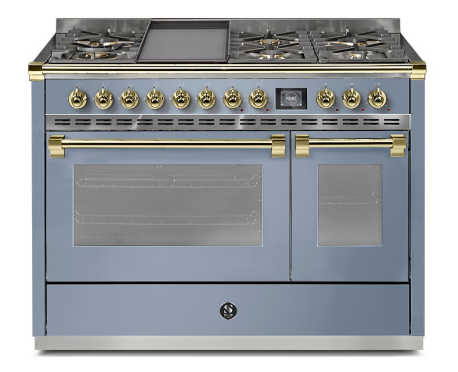 Eleganter Standherd mit zwei Öfen, sechs Gas-Kochfeldern und goldfarbenen Armaturen in blauem Design