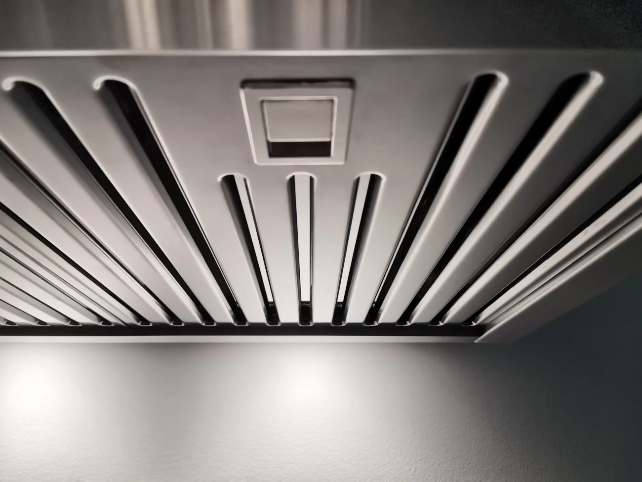 Nahaufnahme der Unterseite einer Edelstahl-Dunstabzugshaube mit Lamellen-Fettfilter und integrierter LED-Beleuchtung