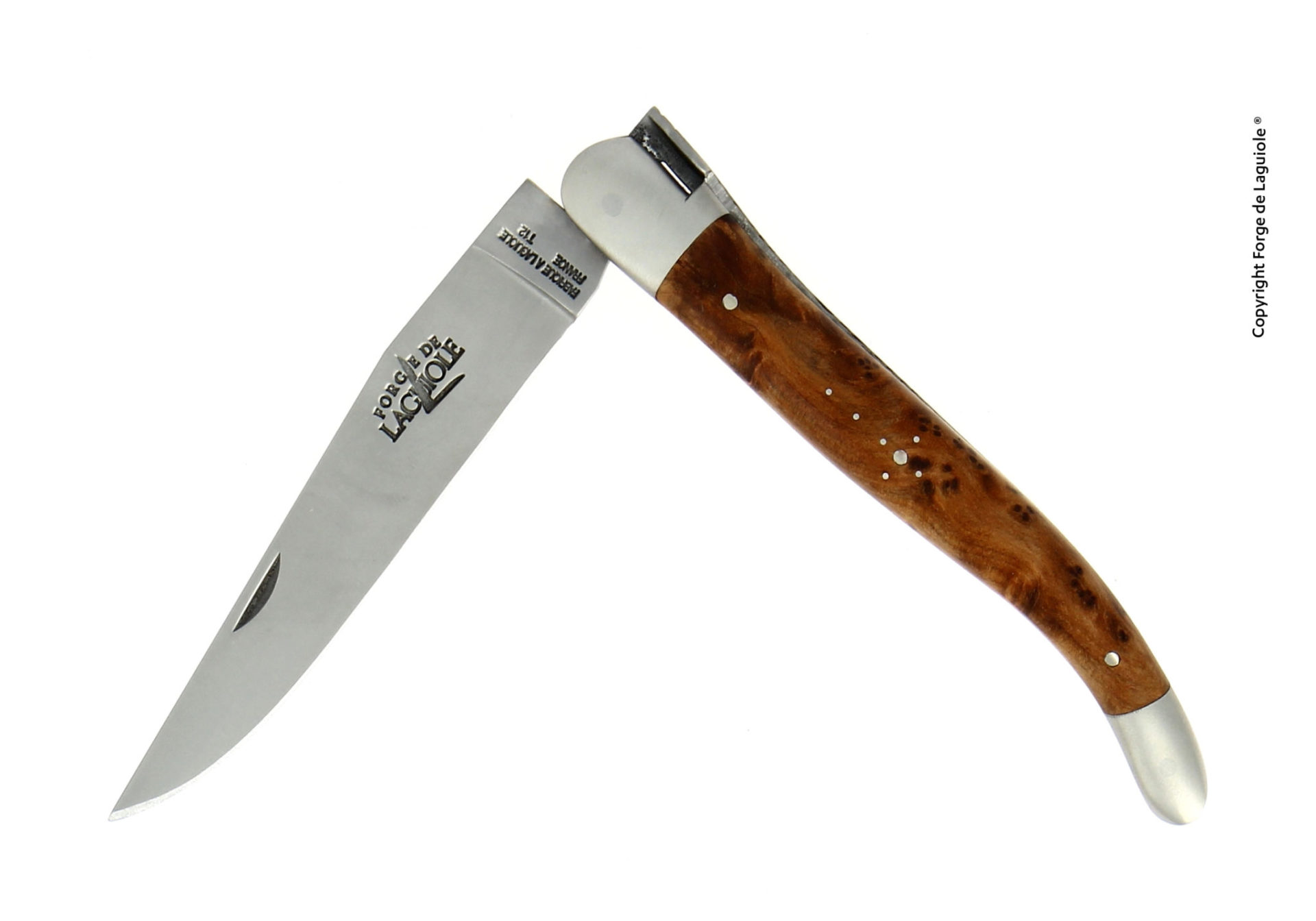 Klassisches Forge de Laguiole Taschenmesser, aufgeklappt, mit Klinge aus Edelstahl und Holzgriff
