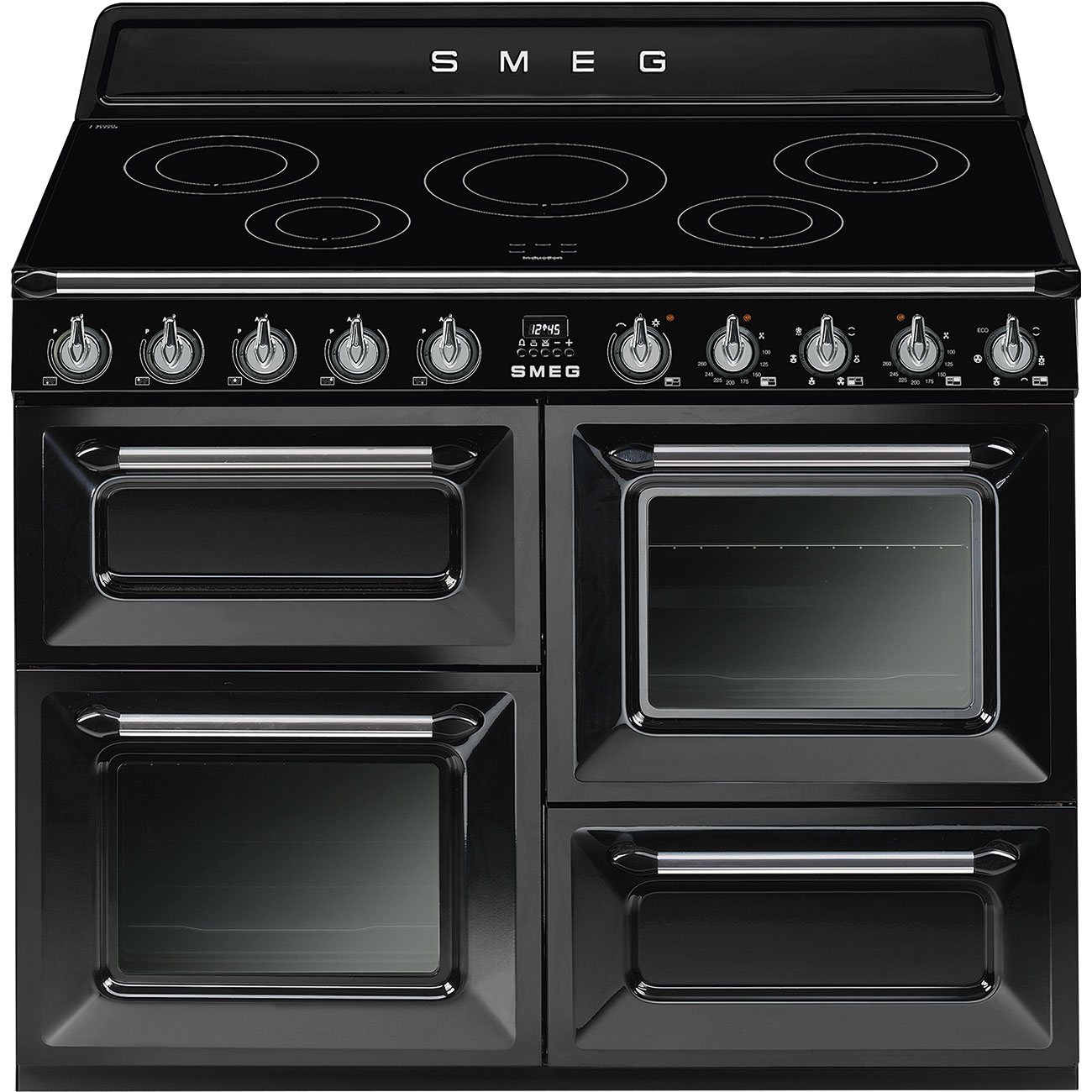 Schwarzer SMEG Standherd mit Induktionskochfeld und vier separaten Backöfen, ideal für große Küchen und vielseitiges Kochen