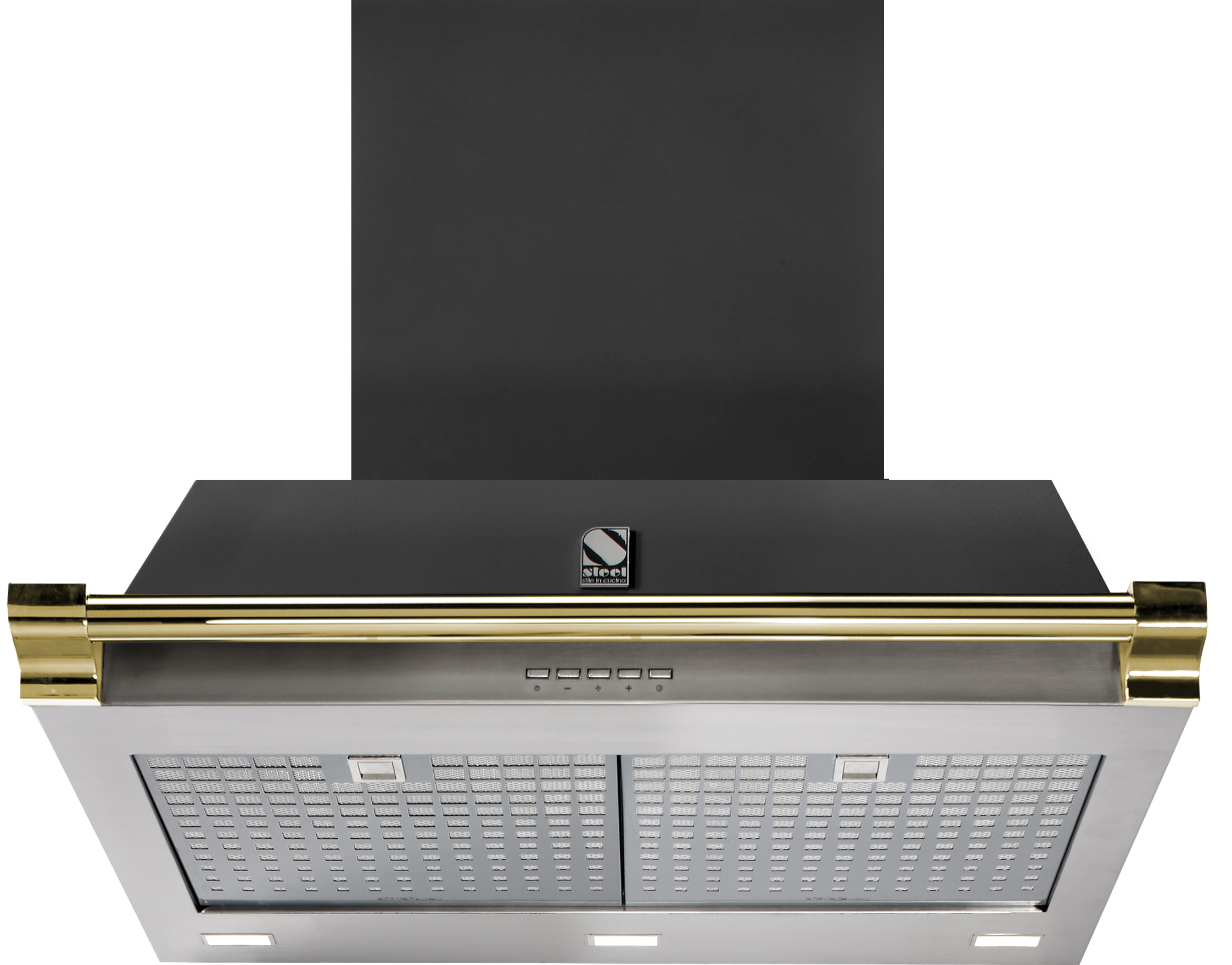 Moderne Dunstabzugshaube in Schwarz mit Edelstahl und goldfarbenen Akzenten, zwei LED-Leuchten und Bedienfeld, von vorne gesehen