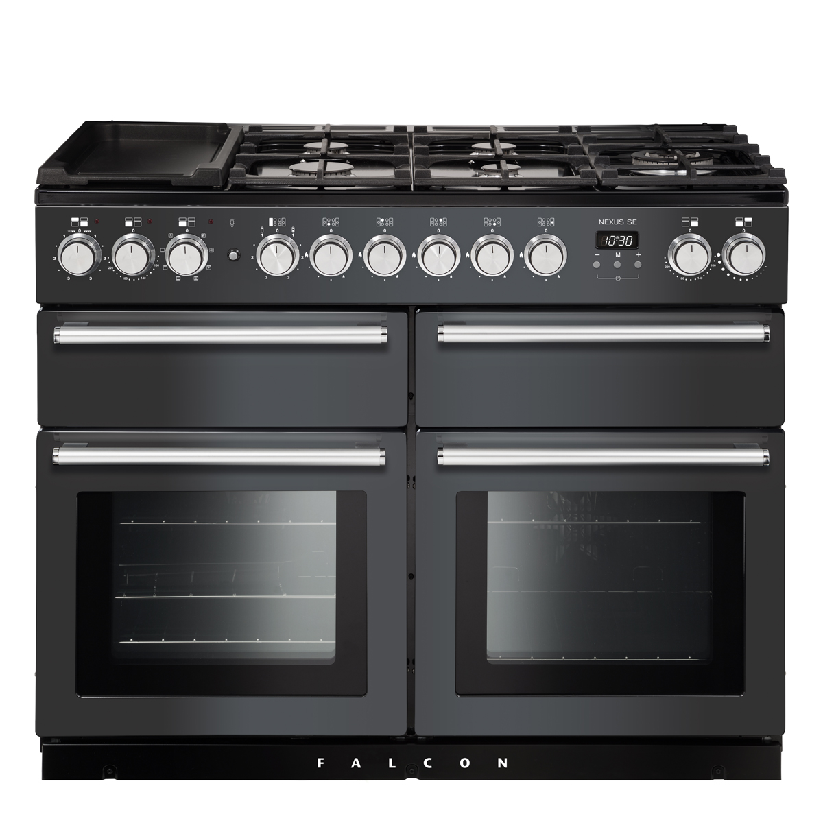 Großer schwarzer Falcon Nexus SE 110 Range Cooker mit vier Backöfen und Gaskochfeld, ideal für professionelle Küchenausstattung