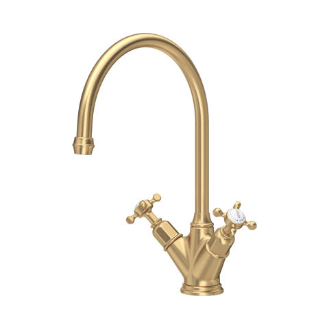 Goldene Küchenarmatur aus Messing im Vintage-Design mit Hochbogen-Auslauf und zwei Kreuzgriffen für Warm- und Kaltwasser, klassische Zweigriffarmatur