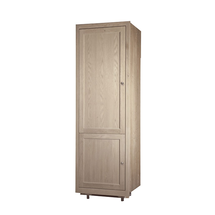 Hochschrank aus hellem Holz mit zwei Türen, ideal für Küche, Flur oder Badezimmer
