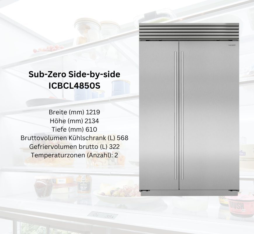 Sub-Zero Side-by-Side Kühlschrank ICBCI4850S, Edelstahl, 1219mm breit, 2134mm hoch, 610mm tief, 2 Temperaturzonen, 568 Liter Kühl- und 322 Liter Gefriervolumen