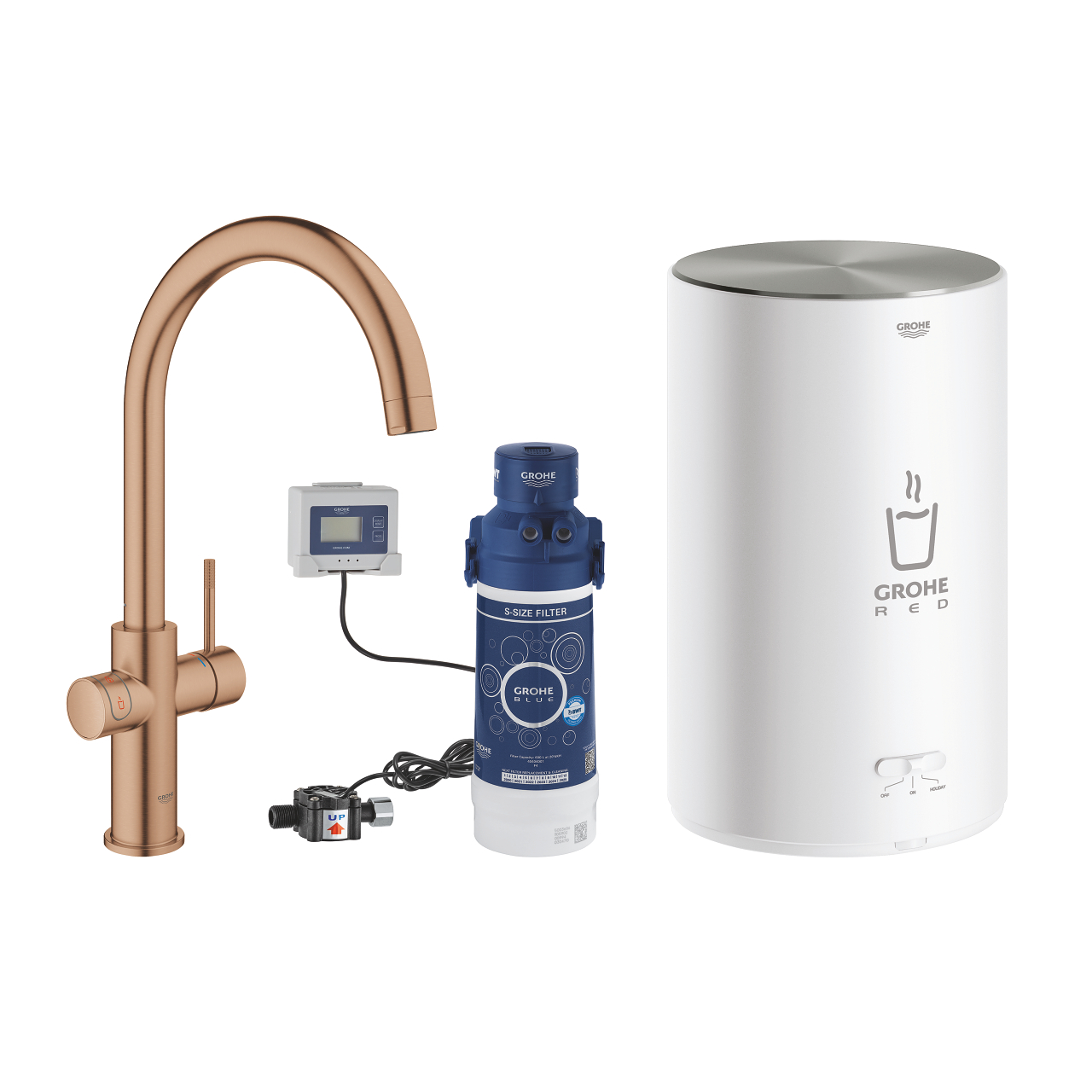 GROHE Red Set bestehend aus roségoldener Küchenarmatur, weißem Boiler und blauem Wasserfilter