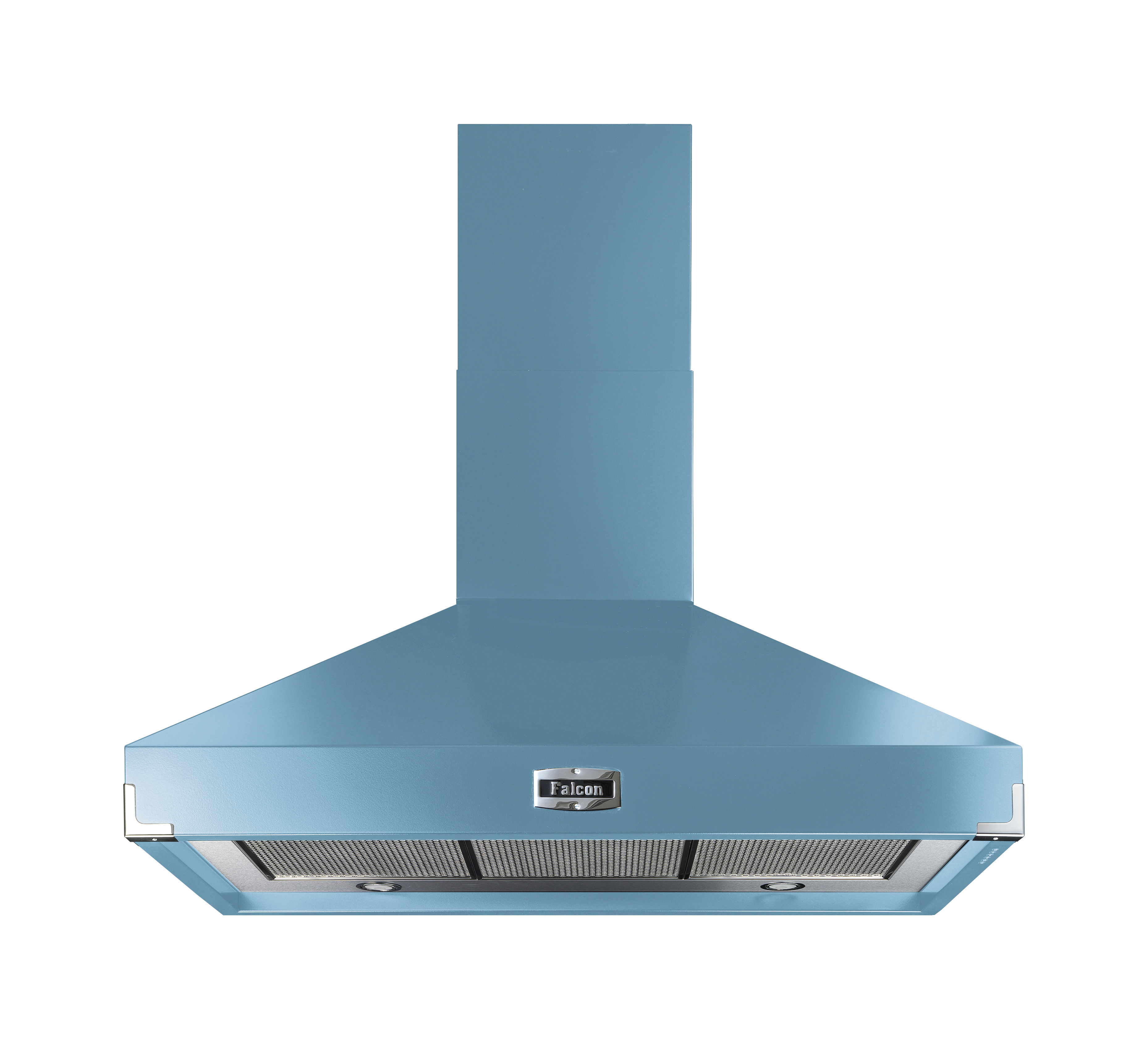 Blaue Dunstabzugshaube von Falcon, moderne Wandhaube mit Edelstahlfiltern, geeignet für stilvolle Küchen
