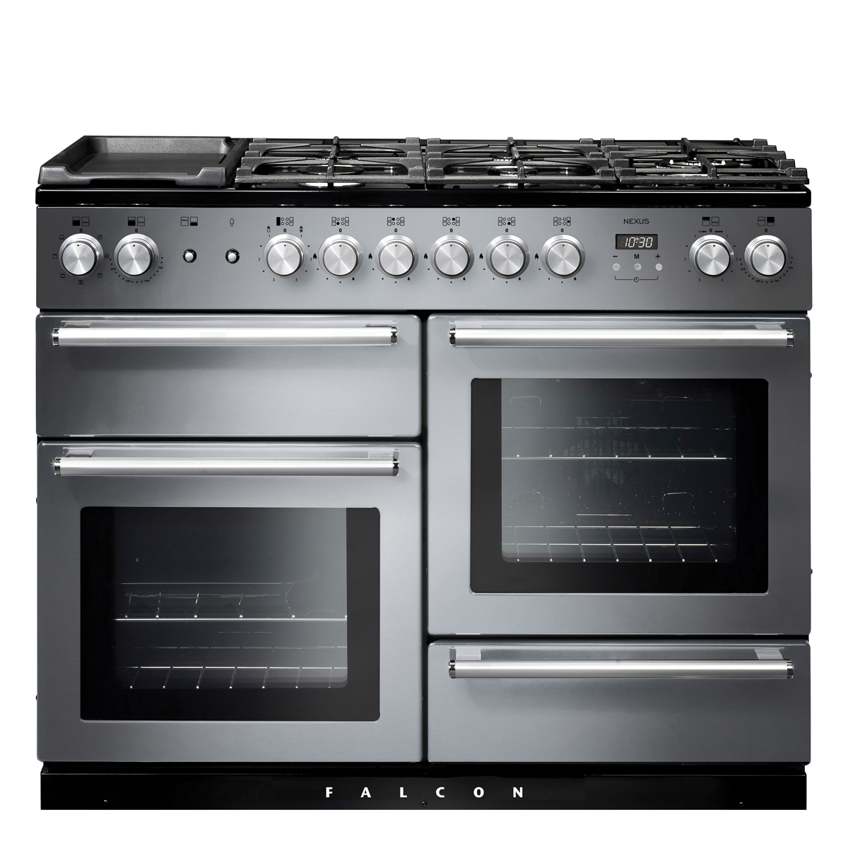 Moderner Falcon Nexus 110 Edelstahl Gasherd mit vier Backöfen und mehreren Gasbrennern, ideal für professionelle Küchenanwendungen