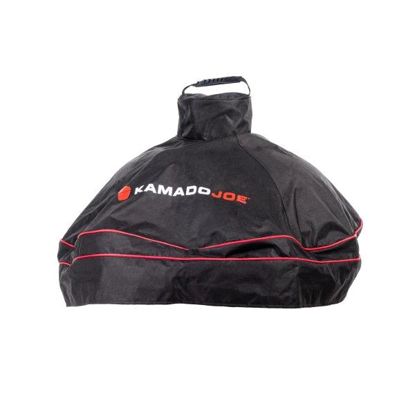 Schwarze Kamado Joe Abdeckhaube mit rotem Logo und Griff, passend für Kamado Joe Grills, bietet Schutz vor Wettereinflüssen