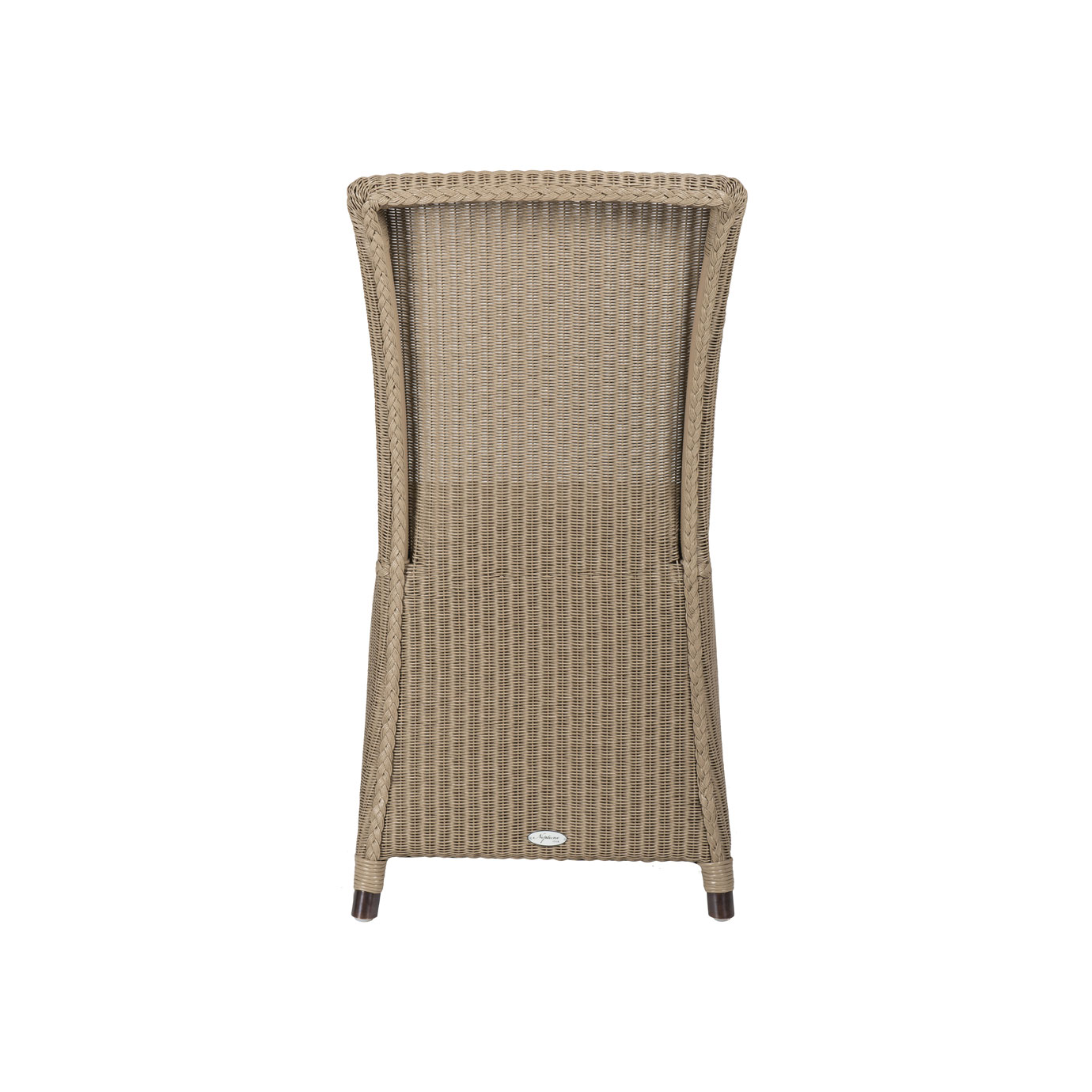 Rückenansicht eines naturfarbenen Rattan-Gartenstuhls, ideal für Terrasse oder Balkon, wetterfest und robust