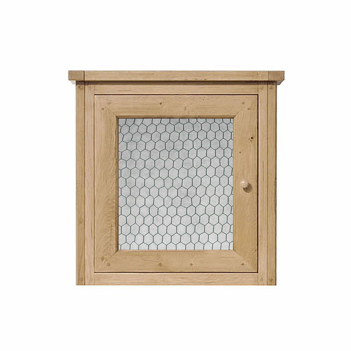 Quadratischer Hängeschrank aus naturbelassenem Holz mit Gittertür, ideal für die Aufbewahrung in Küche oder Flur