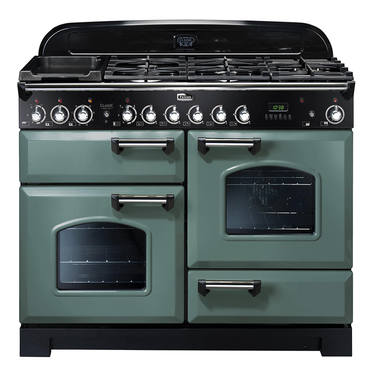 Grüner Falcon Classic Deluxe 110 Range Cooker mit vier Backöfen und Gaskochfeld, Gerätefront mit schwarzen Details und silbernen Griffen