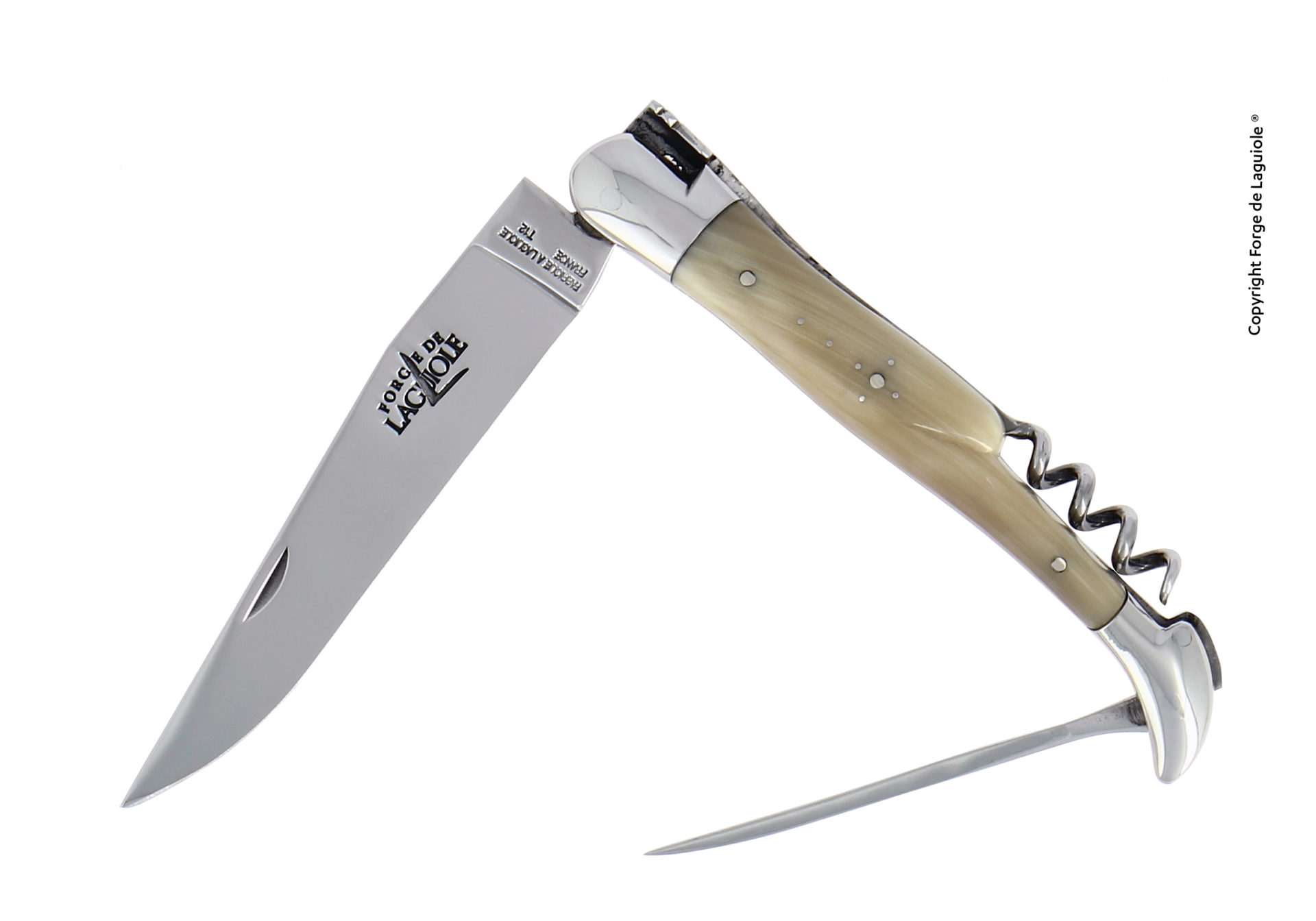 Elegantes Laguiole Taschenmesser mit polierter Klinge, Korkenzieher und Dorn, traditioneller Horngriff