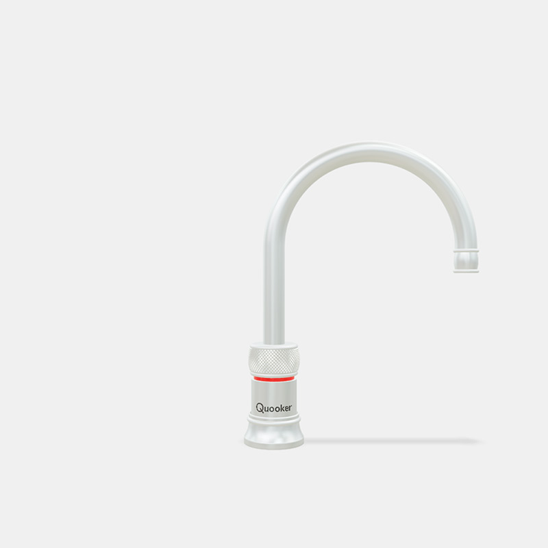 Quooker Wasserhahn in Weiß mit rundem Auslauf, geeignet für moderne Küchen zur sofortigen Bereitstellung von kochendem Wasser