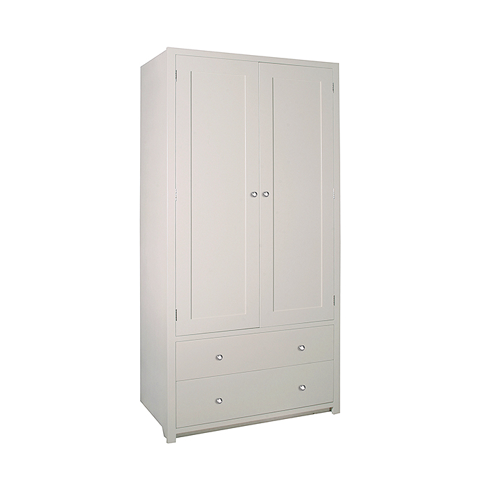 Weißer Kleiderschrank mit zwei Türen und zwei geräumigen Schubladen, schlichtes Design