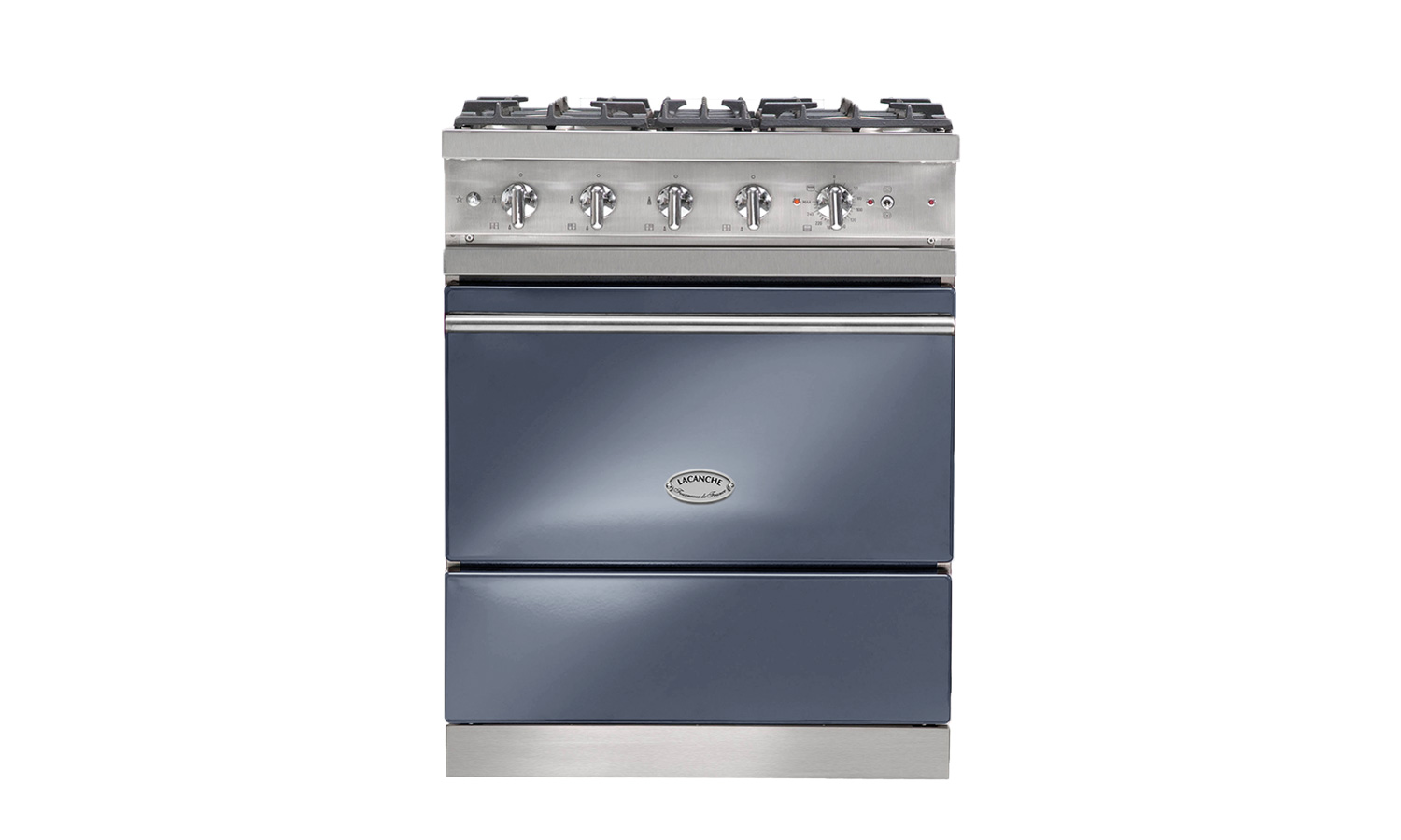 Freistehender Lacanche Gasherd in Blau mit fünf Kochfeldern und großem Backofen, edles Edelstahl-Design für die moderne Küche