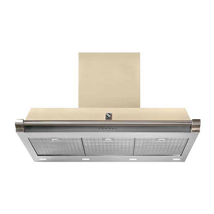 Moderne Dunstabzugshaube in Beige und Edelstahl mit zwei Filtern und Bedienfeld, Ansicht von unten