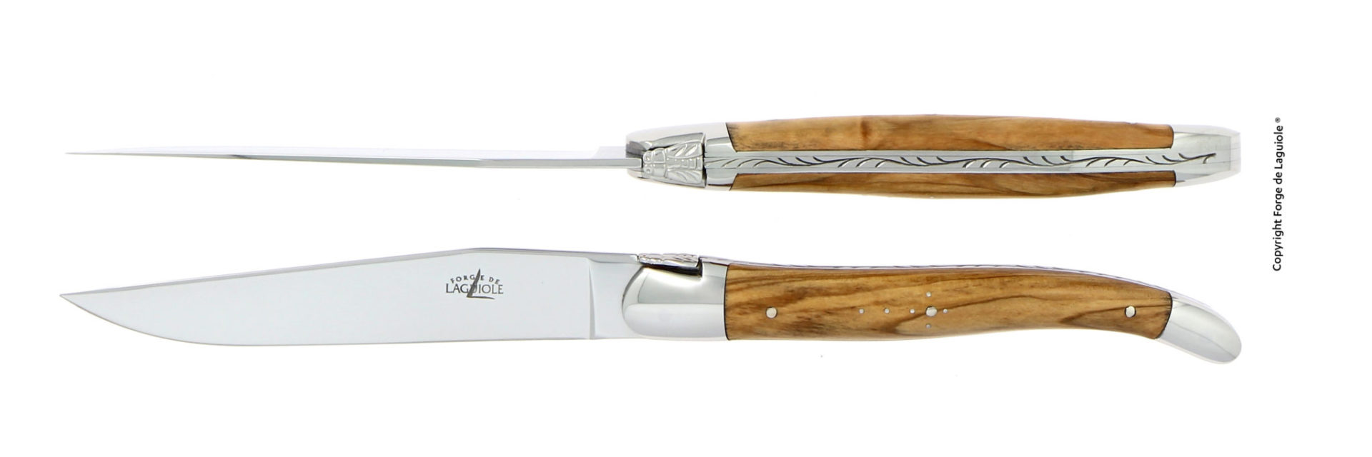 Traditionelles Laguiole Taschenmesser mit Olivenholzgriff, Edelstahlklinge und dekorativer Rückenverzierung, Seitenansicht