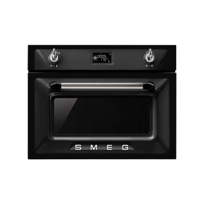 Schwarzer SMEG Einbaubackofen mit Edelstahlgriff, Digitalanzeige und Drehknöpfen