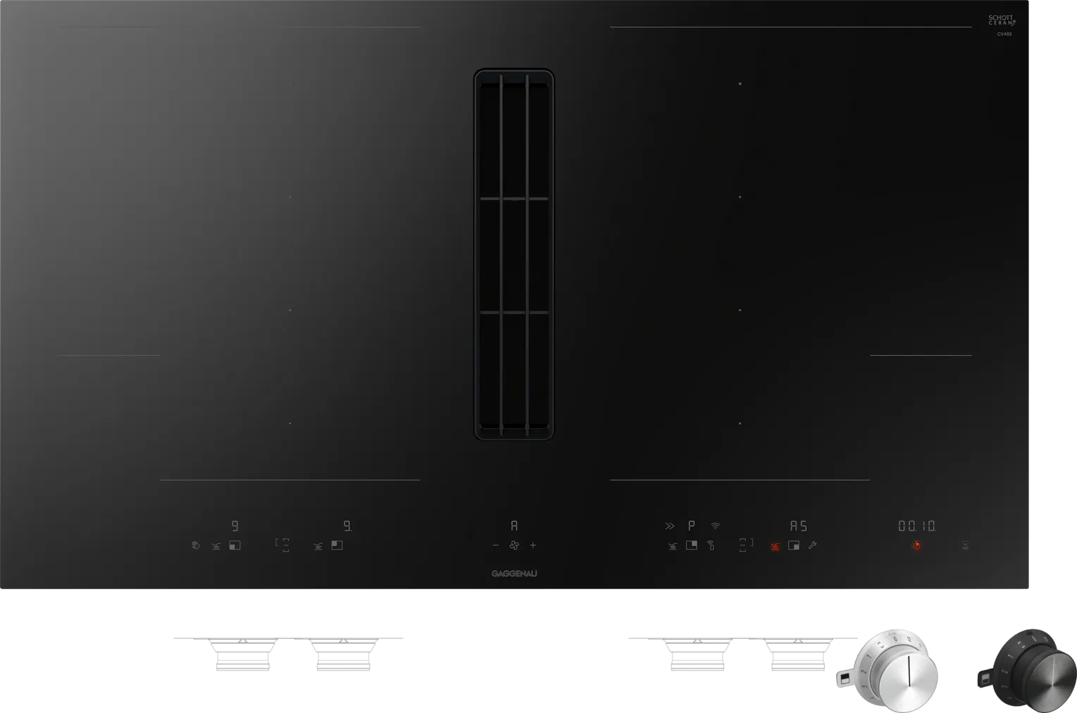 Modernes Gaggenau Induktionskochfeld mit zentralem Dunstabzug und Drehreglern, elegante schwarze Oberfläche