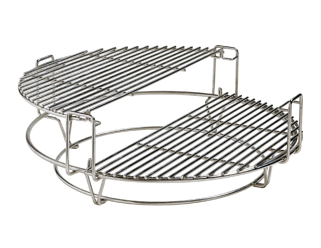 Zweiteiliger Grillrost aus Edelstahl, erhöht und halbkreisförmig, ideal für Grill und Smoker, perfekte Hitzezirkulation