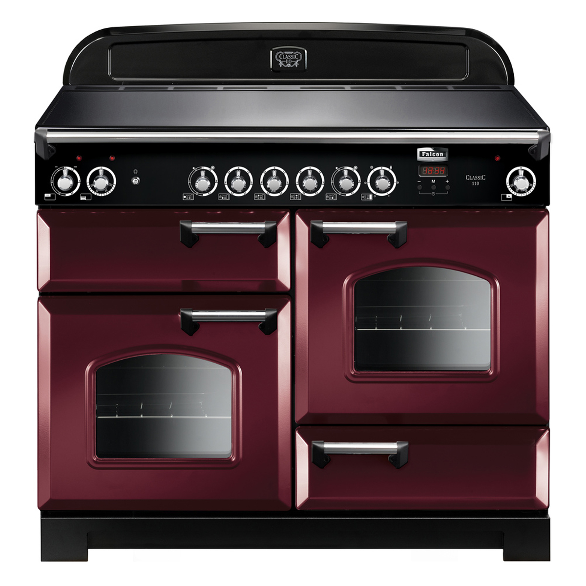 Bordeauxroter Standherd Falcon Classic 110 mit zwei Backöfen, Grillfach und Kochfeld, edles Design für die moderne Küche