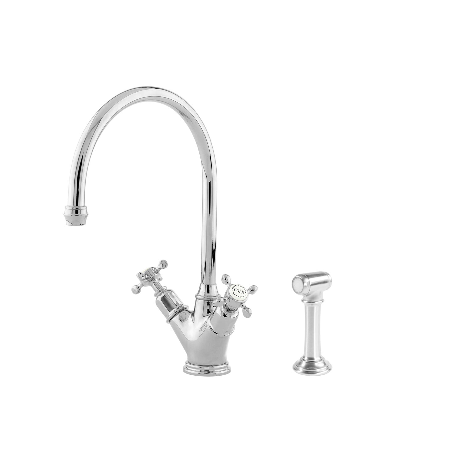 Verchromte Küchenarmatur mit zwei Kreuzgriffen und separater Handbrause im klassischen Retro-Stil