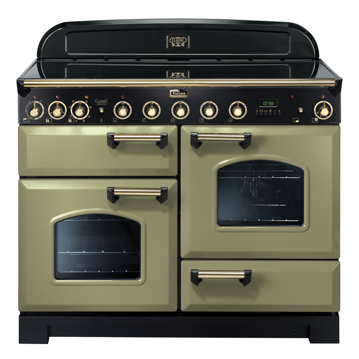 Großer Falcon Classic Deluxe 110 Induktionsherd in Olivgrün mit vier Backofentüren, schwarzen und messingfarbenen Bedienelementen, ideal für große Küchen.
