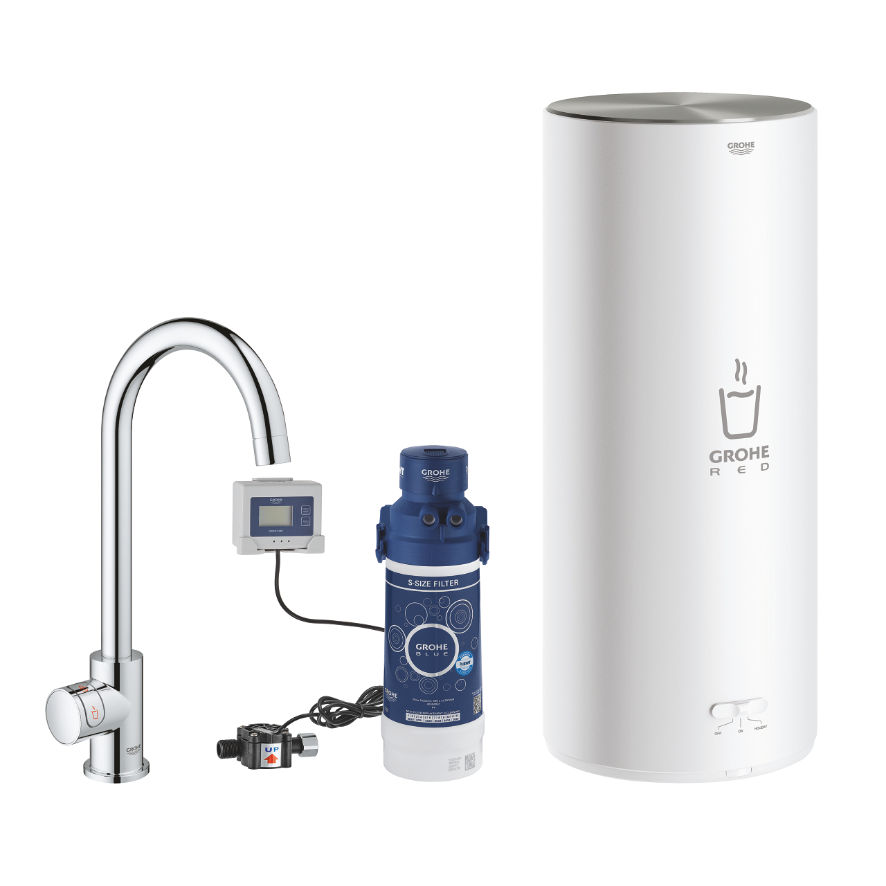 GROHE Red Set bestehend aus chromfarbener Kochendwasser-Armatur, weißem Boiler, blauem Wasserfilter und Bedienelement