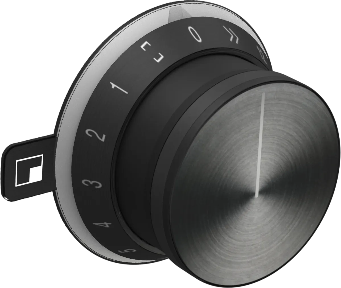 Drehknopf aus gebürstetem Metall mit Zahlen-Skala von 0 bis 5 und Markierung zur Einstellung, geeignet für elektronische Geräte
