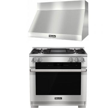 Miele Edelstahl-Gasherd mit vier Kochplatten und Backofen, dazu passende Dunstabzugshaube aus Edelstahl