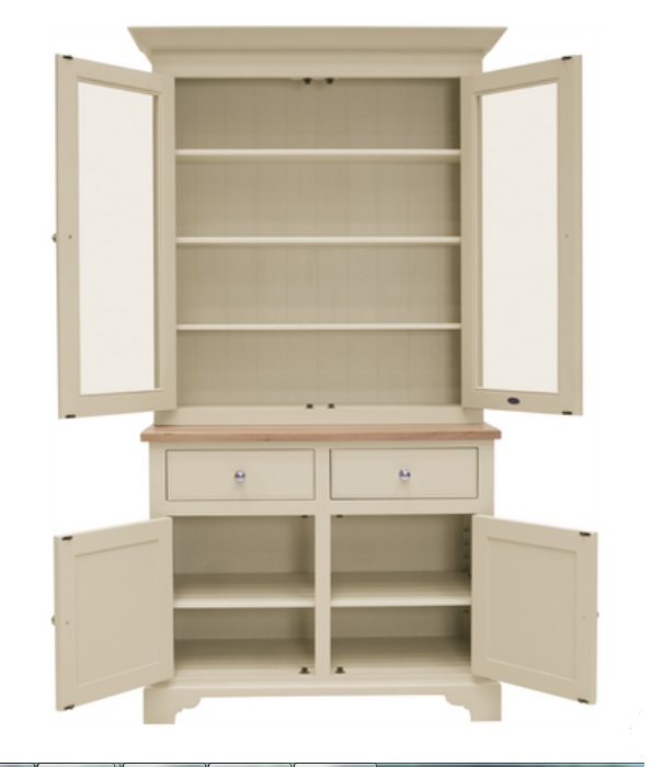 Landhausstil Küchenbuffet, cremefarben, mit vier offenen Türen, vier Regalfächern und zwei Schubladen, ideal für Küche oder Esszimmer