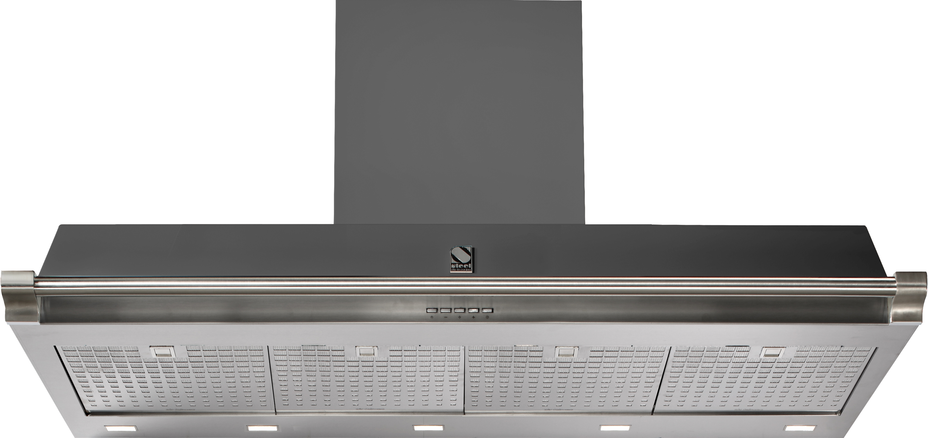 Ansicht einer Dunstabzugshaube aus Edelstahl mit drei Metall-Fettfiltern und integrierter LED-Beleuchtung