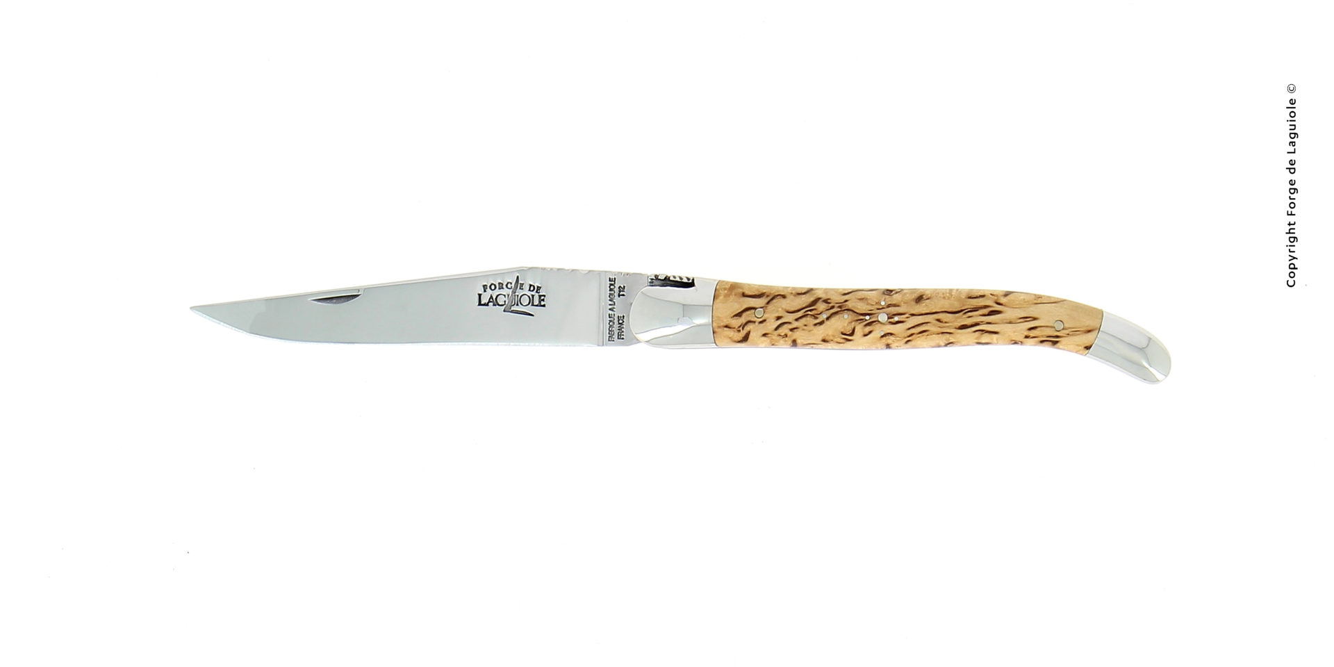 Edles Laguiole Taschenmesser mit gebogener Edelstahlklinge und gemasertem Holzgriff, traditionell gefertigt von Forge de Laguiole