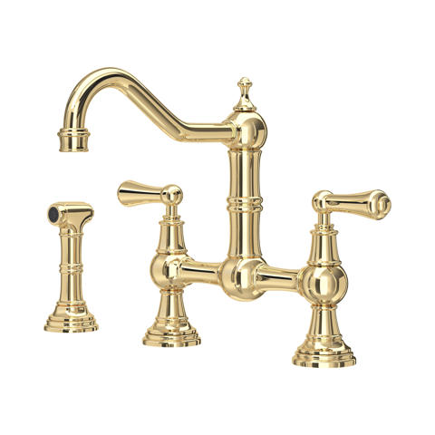 Polierte Messing-Küchenarmatur in Gold, Retro-Zweigriff-Brückenarmatur mit hohem Schwenkauslauf und separatem Seitensprüher; ideal für elegante Spülen