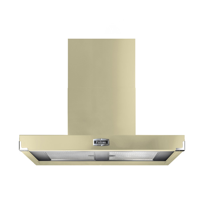 Cremefarbene Falcon Dunstabzugshaube mit breiter Haube und Edelstahlfiltern, moderne Wandmontage