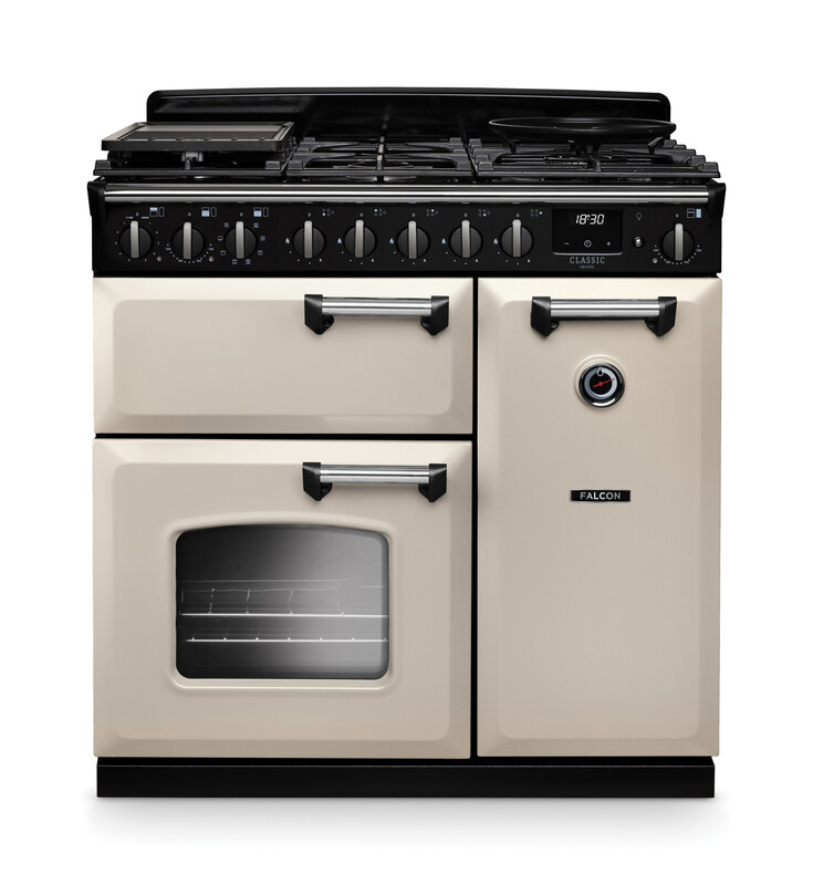 Range Cooker creme mit Gasfeld, 2 Öfen, Grillplatte