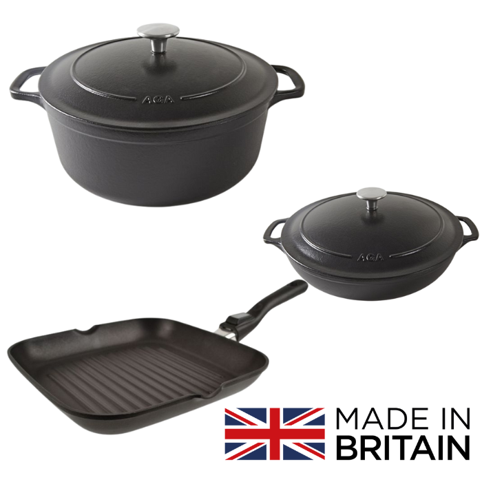 Gusseiserner Bräter, Schmortopf mit Deckel und Grillpfanne von AGA, britische Herstellung, schwarze Ausführung