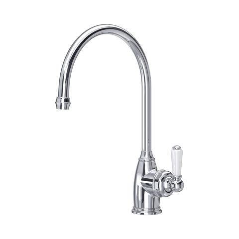 Hoch gebogene Küchenarmatur in Chrom, Retro-Design, Einhebelmischer mit weißem Keramikgriff und hohem Auslauf – ideal für Spülbecken