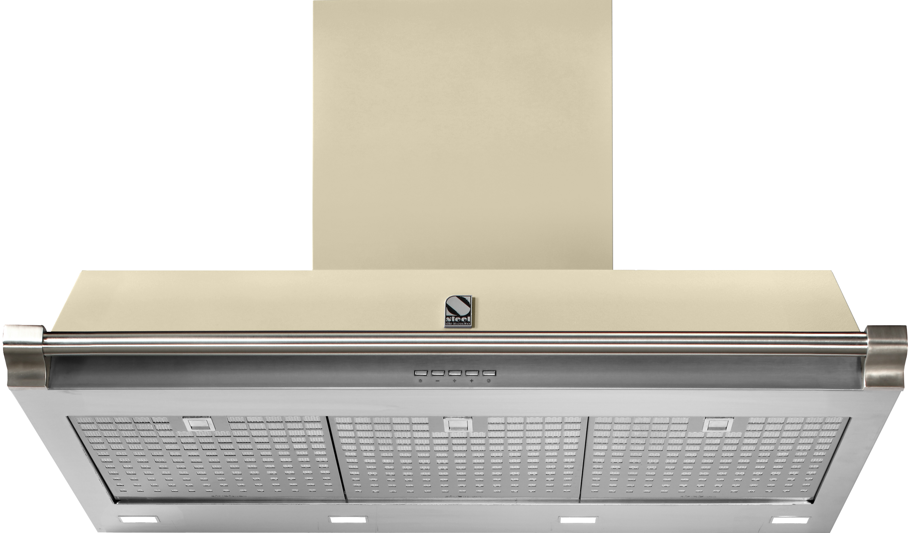 Beige Dunstabzugshaube mit Edelstahl-Front, zwei Metall-Fettfiltern und LED-Beleuchtung, Ansicht von unten