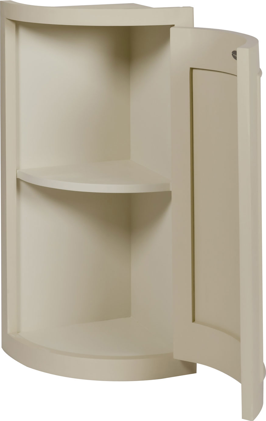 Beiger Eckschrank aus Holz mit einer geöffneten Tür und einem Einlegeboden, platzsparendes Design