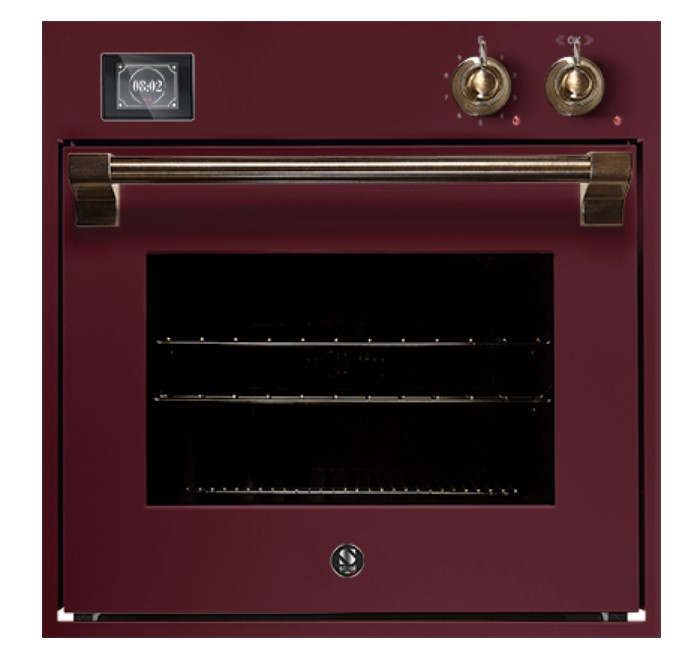 Bordeauxroter Einbaubackofen im Retro-Design mit goldenen Bedienelementen, zwei Einschubebenen und digitalem Display