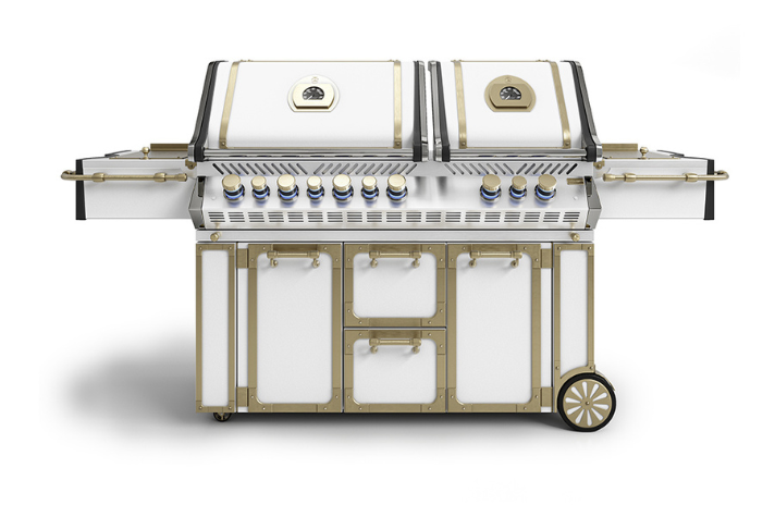 Luxuriöser Gasgrill mit doppeltem Deckel, goldenen Details und viel Stauraum, seitliche Ablageflächen und klassische Optik