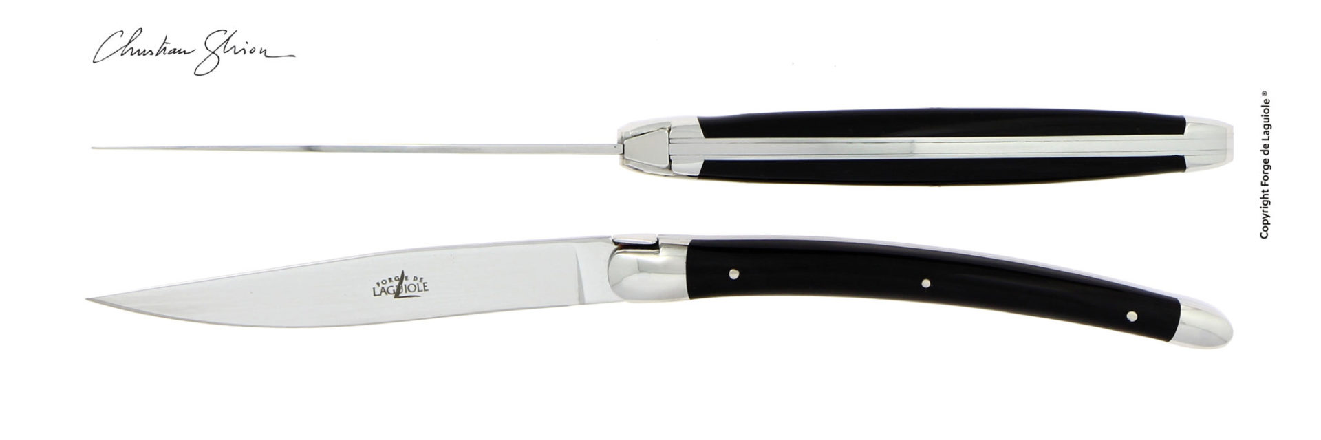 Traditionelles Laguiole Messer mit schlanker Klinge und schwarzem Horngriff, handgefertigt von Forge de Laguiole