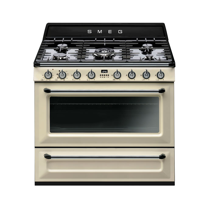 Smeg Gasherd mit großem Kochfeld und zwei Backöfen in Creme, Retro-Stil