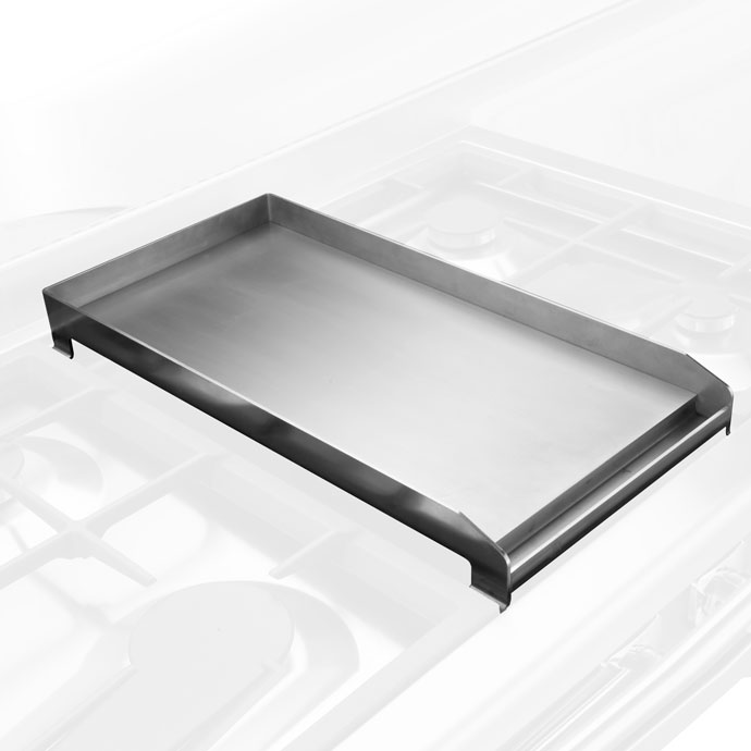 Rechteckige Edelstahl Grillplatte mit erhöhtem Rand, ideal zum Grillen und Braten auf dem Gasherd