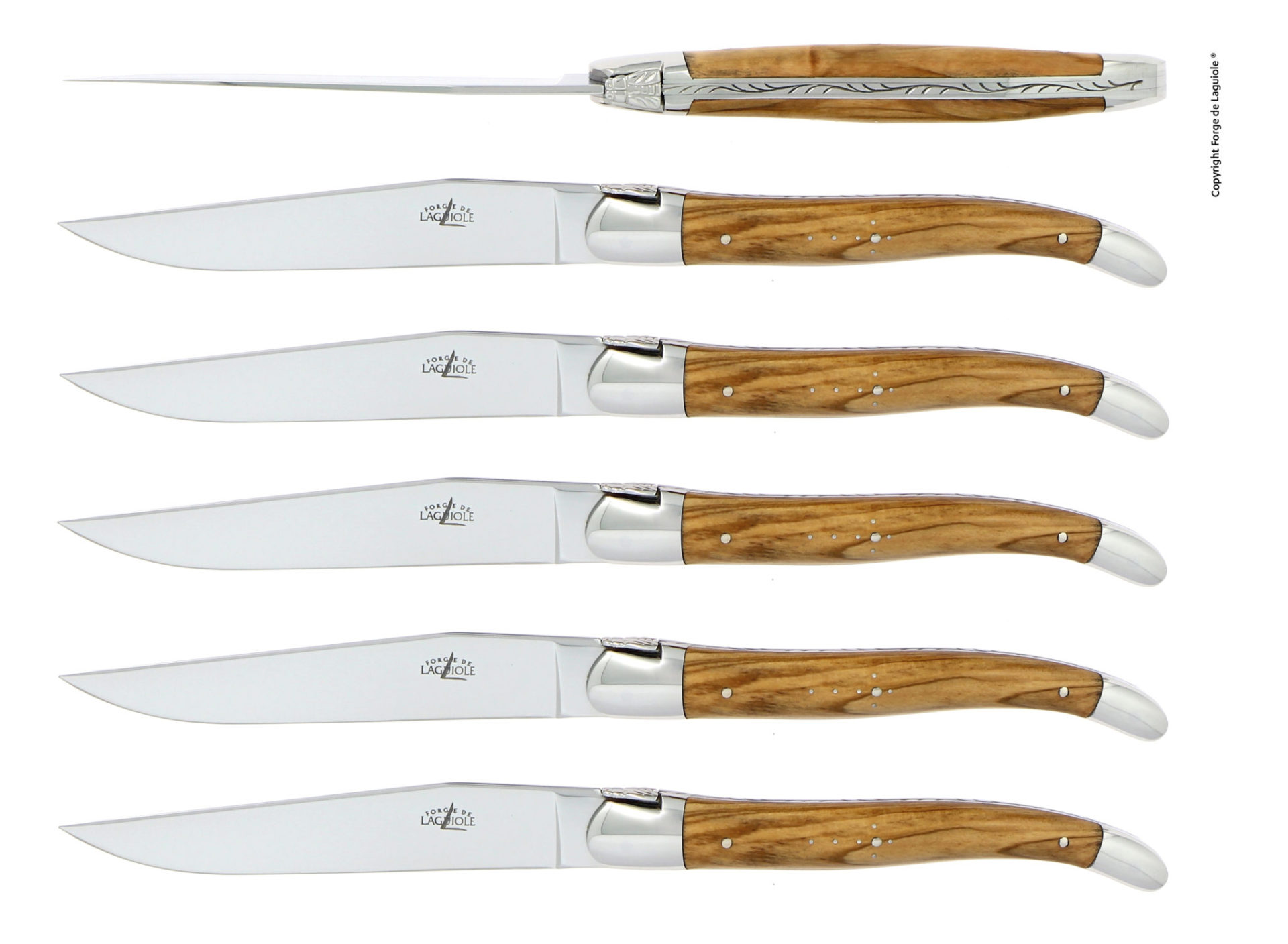 Sechs hochwertige Laguiole Steakmesser mit Edelstahlklinge und Olivenholzgriff, französisches Design