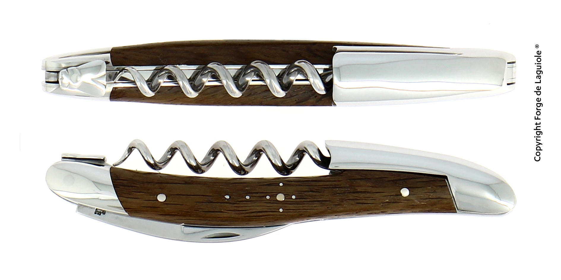 Zwei Ansichten eines edlen Sommeliermessers von Forge de Laguiole, mit Holzgriff und glänzenden Edelstahl-Elementen