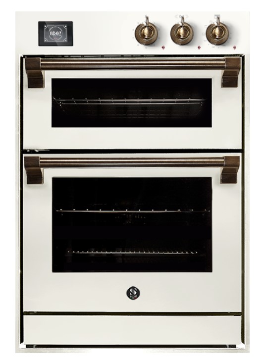 Doppelter Einbau-Backofen im Retro-Design mit zwei Backfächern, cremeweißer Front und bronzefarbenen Griffen