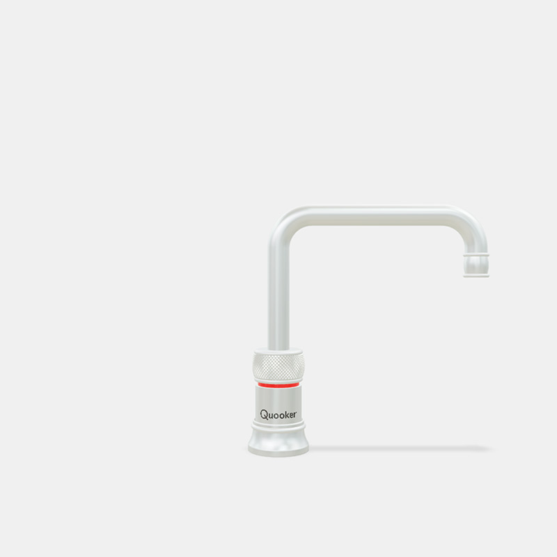 Moderner weißer Quooker Wasserhahn für die Küche, zum sofortigen Zapfen von kochendem Wasser